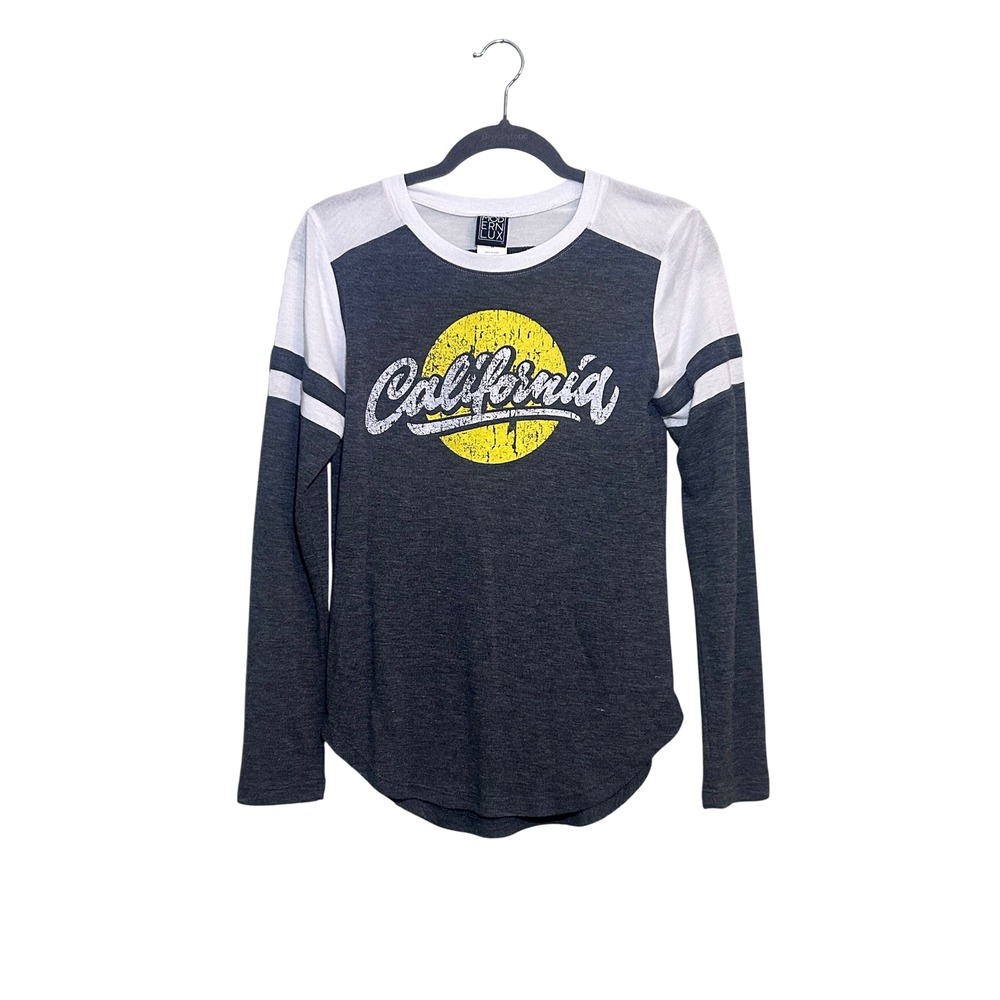 Modern Lux Gray California Graphic Raglan Top Women XS Long Sleeve Striped